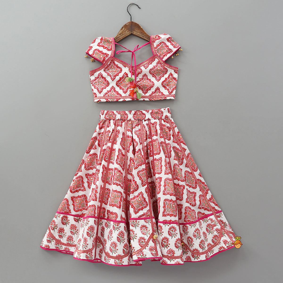 Pre Order: Beautiful Cotton Printed Sweetheart Neck Top With Printed Lehenga And Dupatta