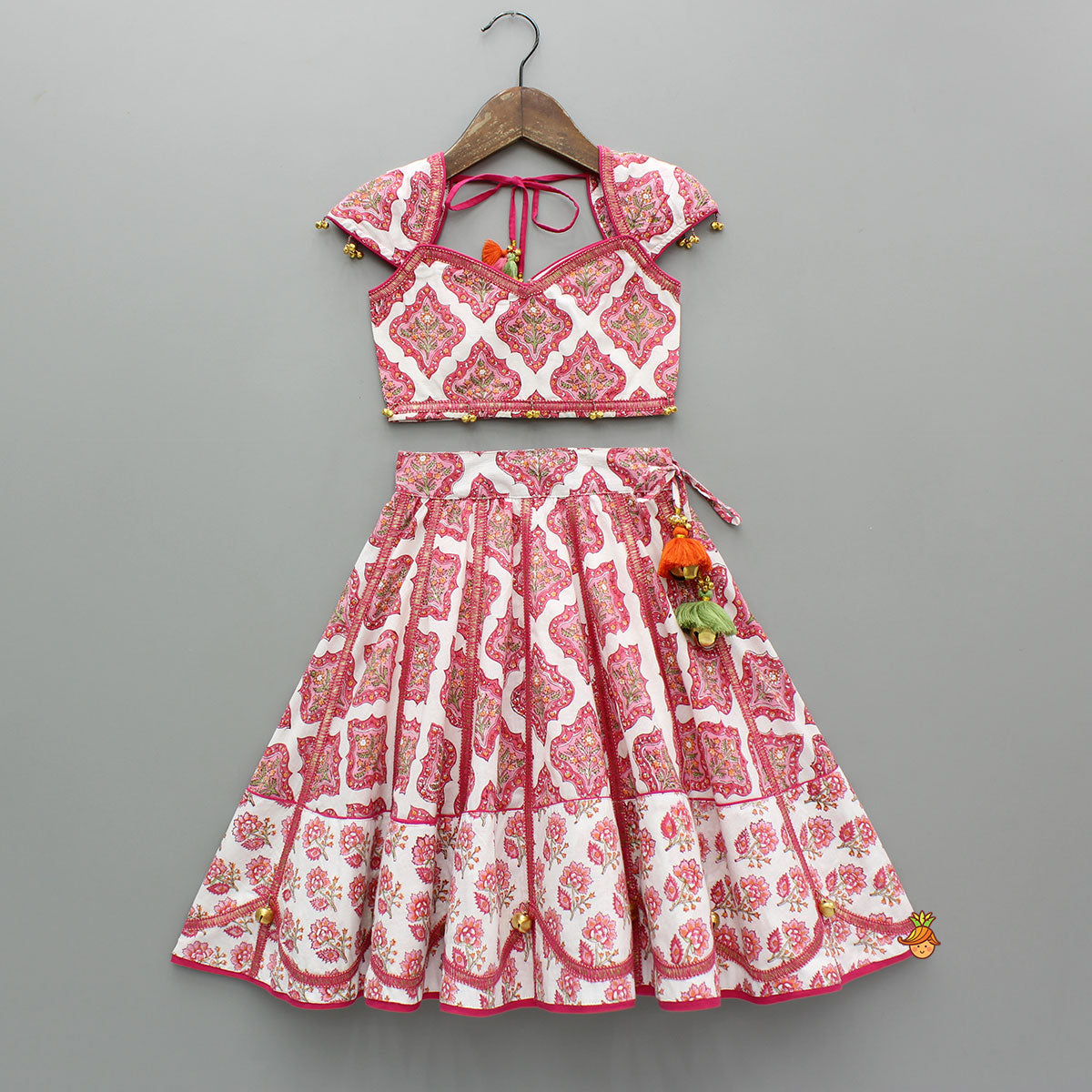 Pre Order: Beautiful Cotton Printed Sweetheart Neck Top With Printed Lehenga And Dupatta