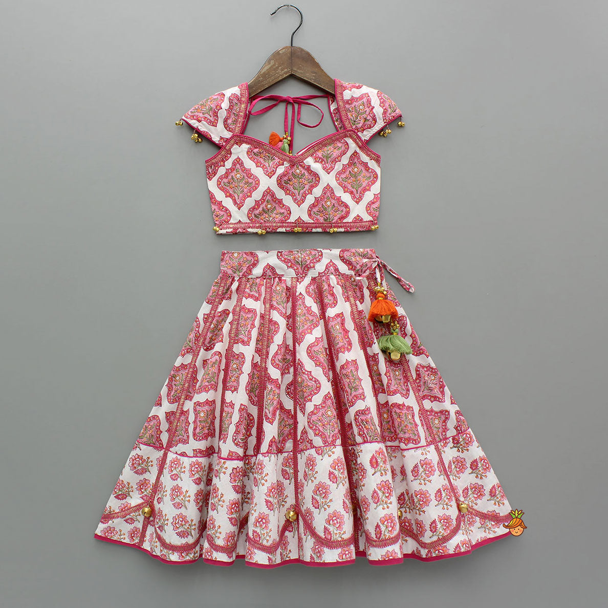 Pre Order: Beautiful Cotton Printed Sweetheart Neck Top With Printed Lehenga And Dupatta