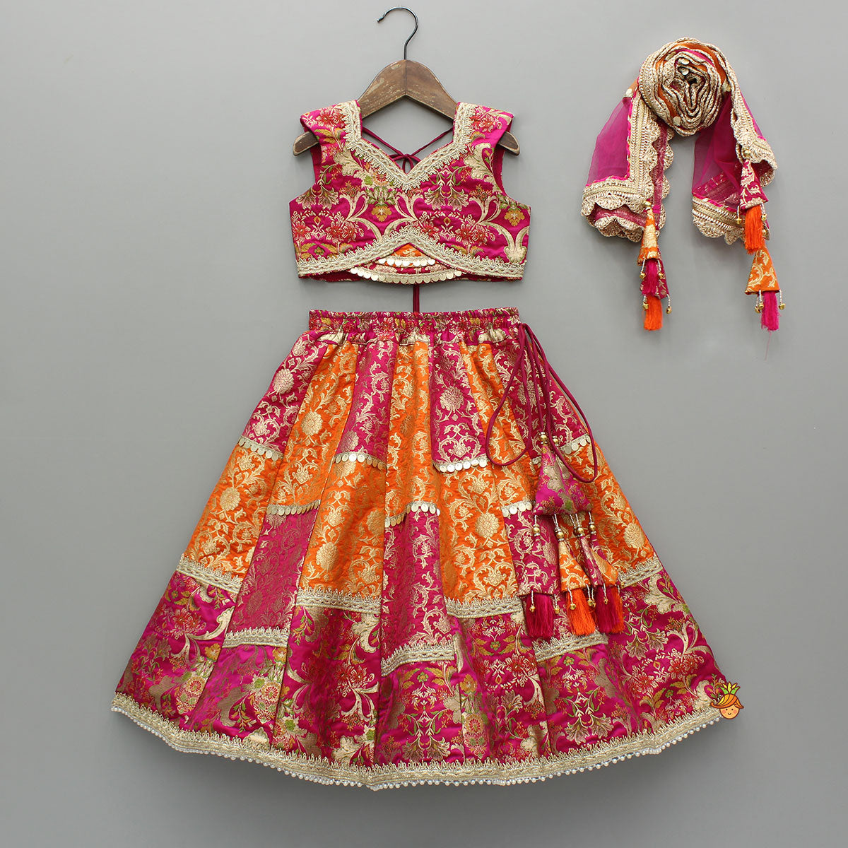 Pre Order: Stylish Brocade Multicolour Top And Lehenga With Net Dupatta