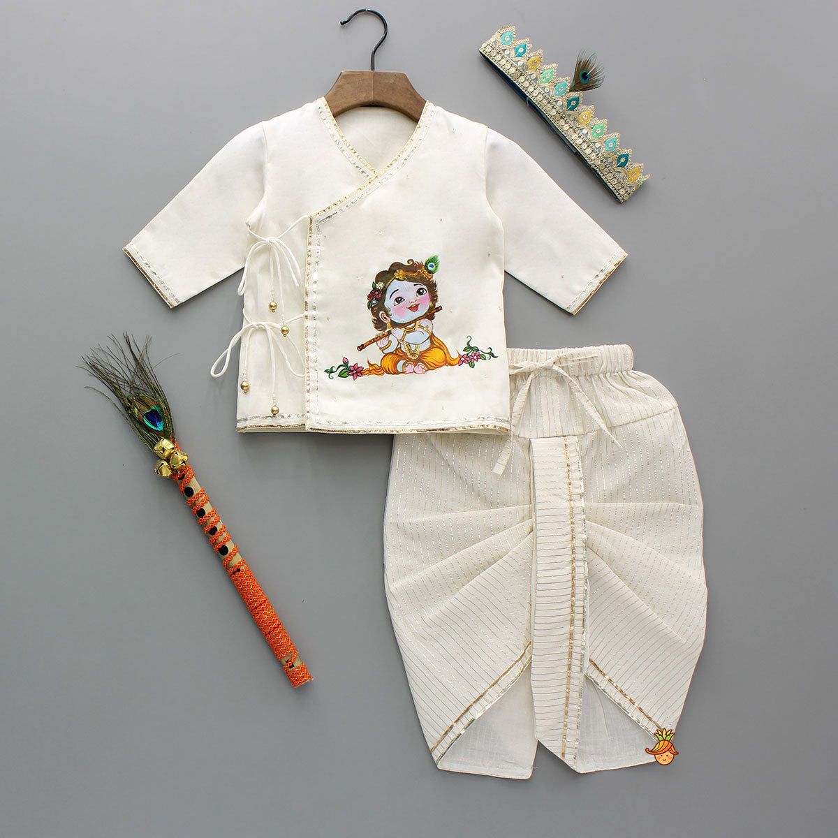 Pre Order: Krishna Hand-Painted Off-White Kurta And Lurex Striped Dhoti With Mor Pankh Mukut And Basuri