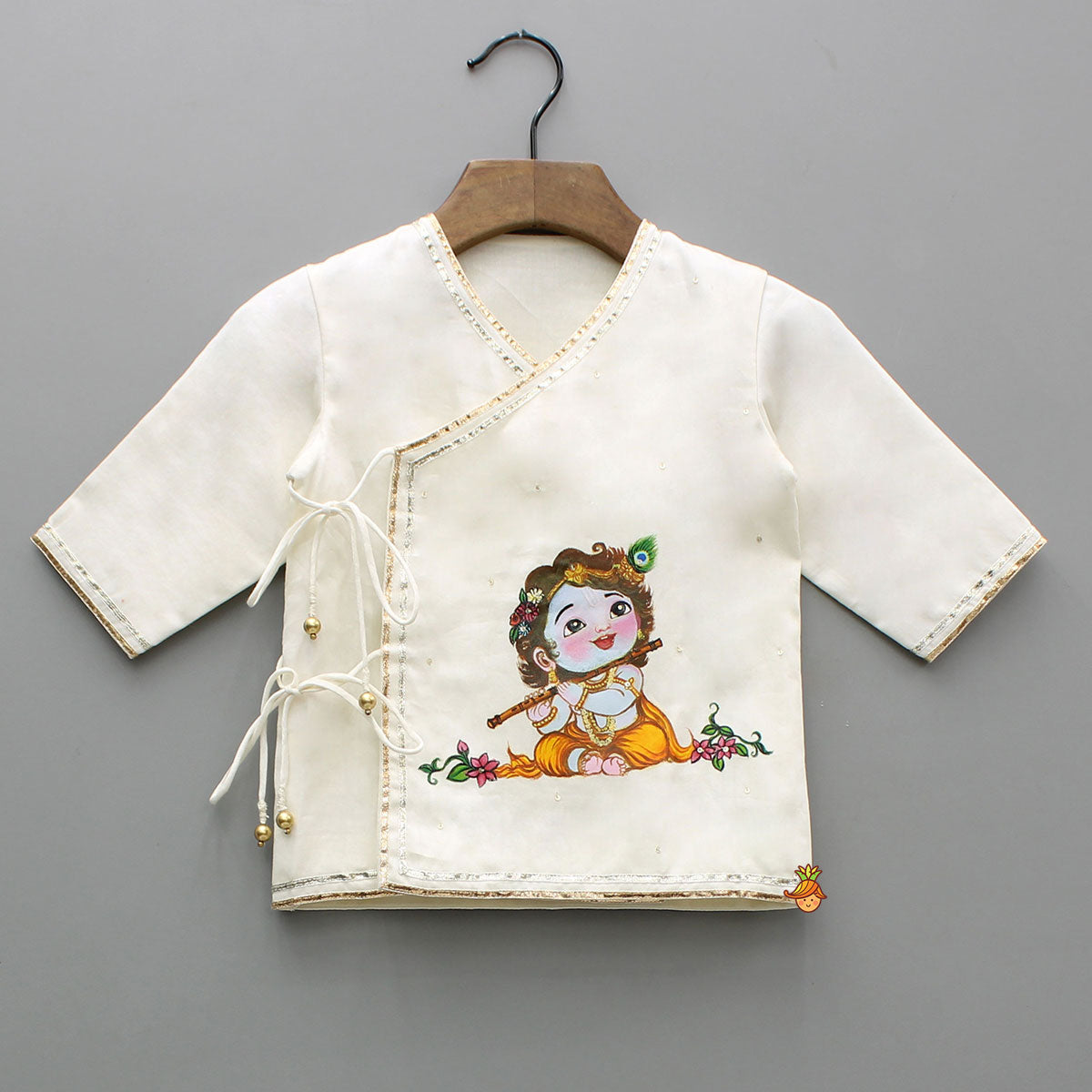 Pre Order: Krishna Hand-Painted Off-White Kurta And Lurex Striped Dhoti With Mor Pankh Mukut And Basuri