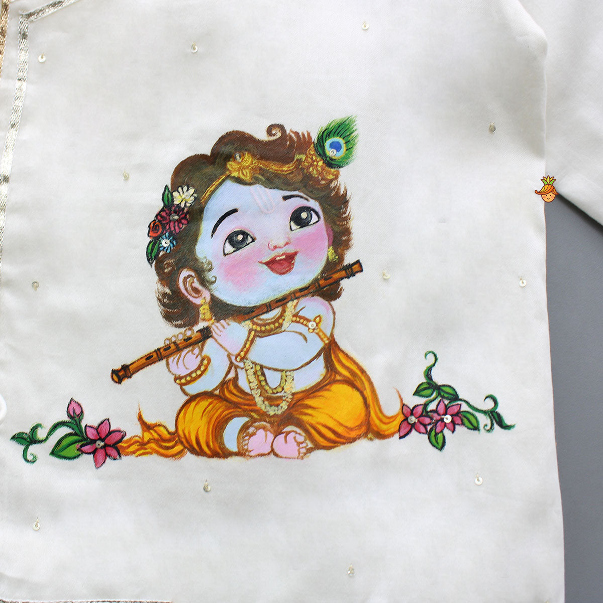 Pre Order: Krishna Hand-Painted Off-White Kurta And Lurex Striped Dhoti With Mor Pankh Mukut And Basuri