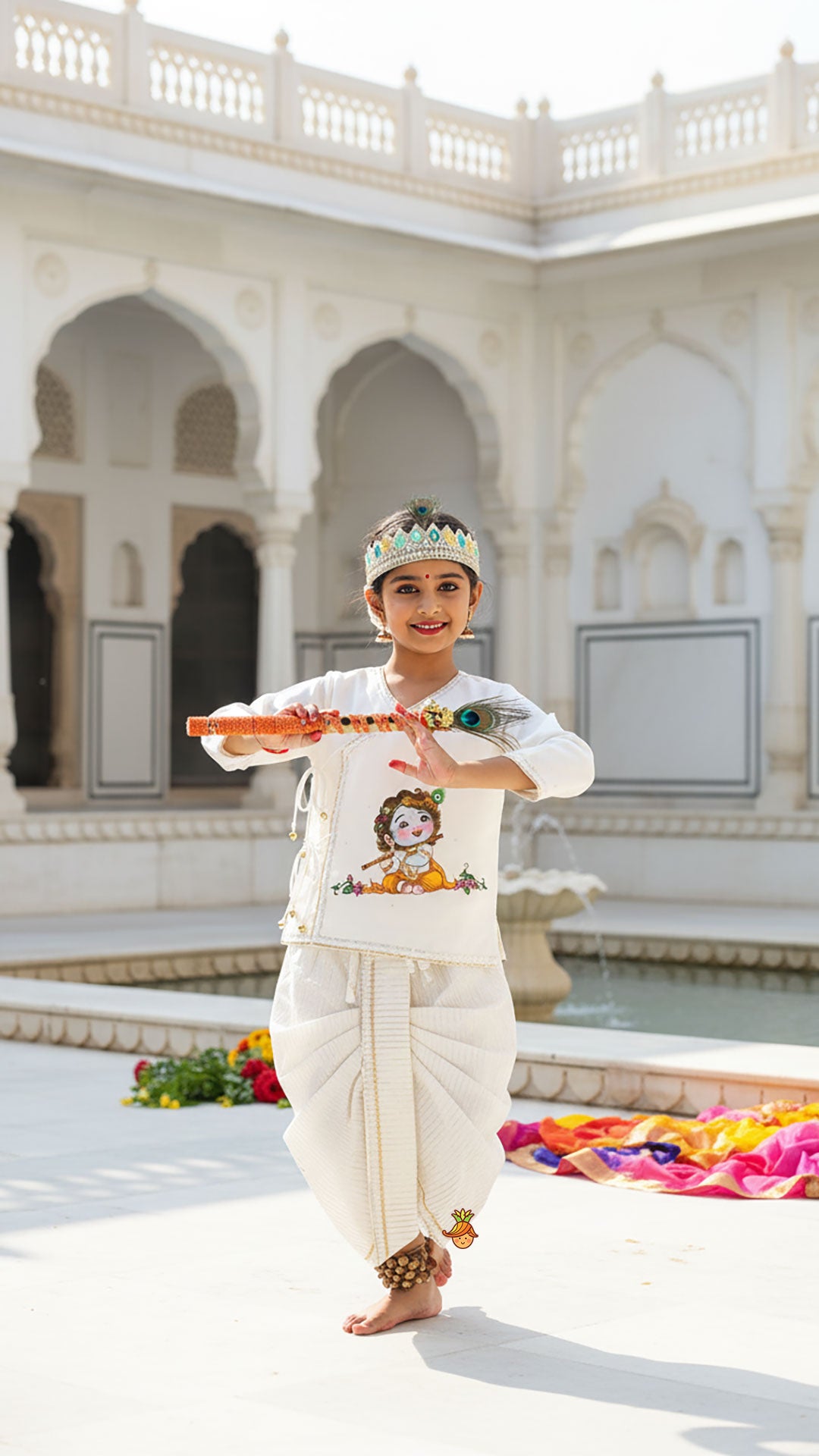 Pre Order: Krishna Hand-Painted Off-White Kurta And Lurex Striped Dhoti With Mor Pankh Mukut And Basuri