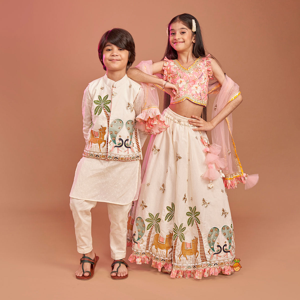 Stunning Pink Floral Printed Top With Embroidered Lehenga And Dupatta twinning model image 1
