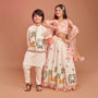 Stunning Pink Floral Printed Top With Embroidered Lehenga And Dupatta twinning model image 1