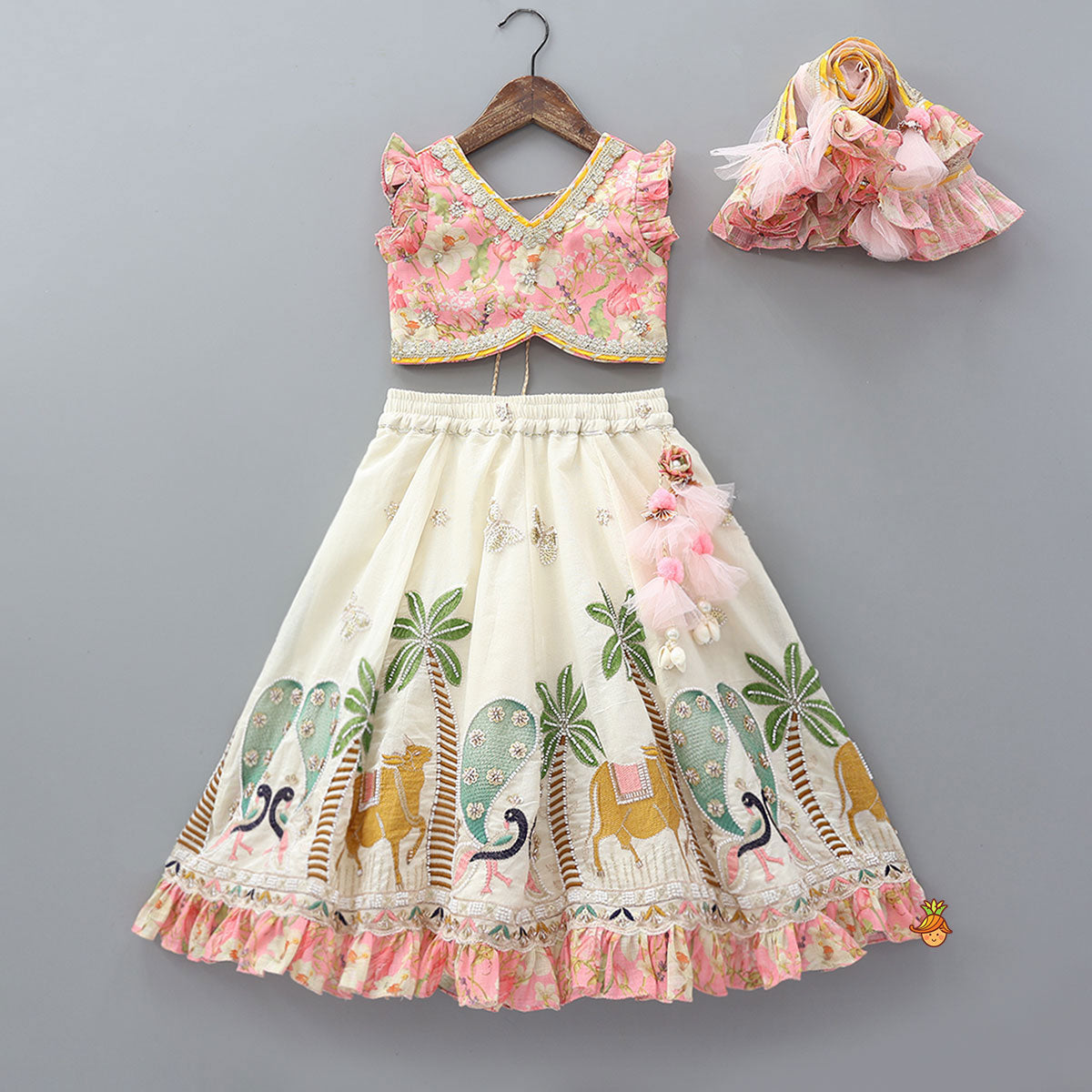 Pre Order: Stunning Pink Floral Printed Top With Embroidered Lehenga And Dupatta