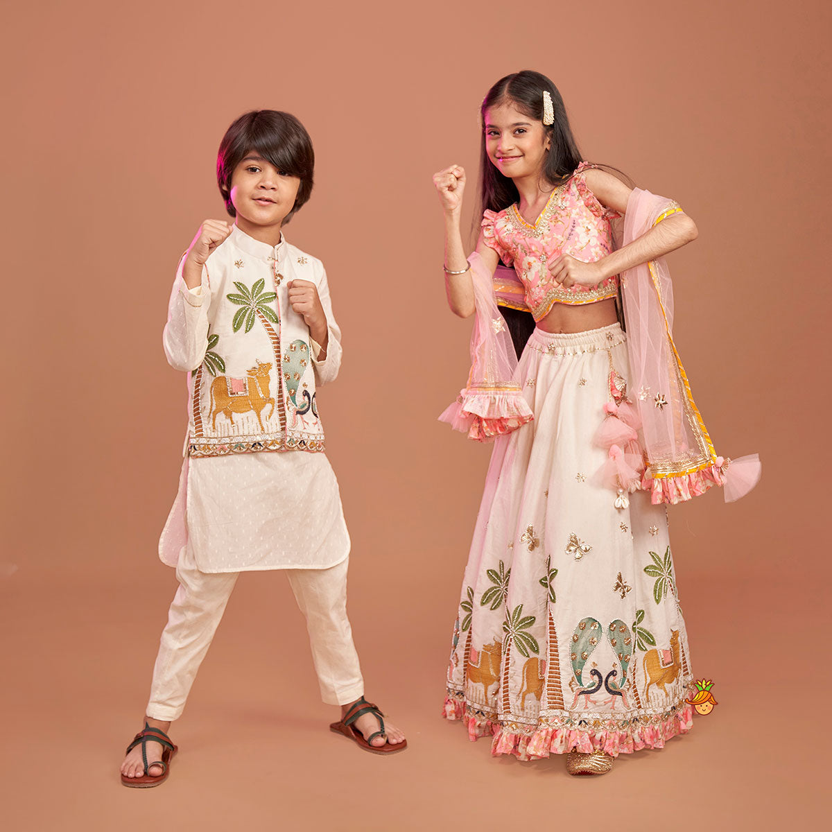 Stunning Pink Floral Printed Top With Embroidered Lehenga And Dupatta twinning model image 3