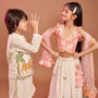 Stunning Pink Floral Printed Top With Embroidered Lehenga And Dupatta twinning model image 4