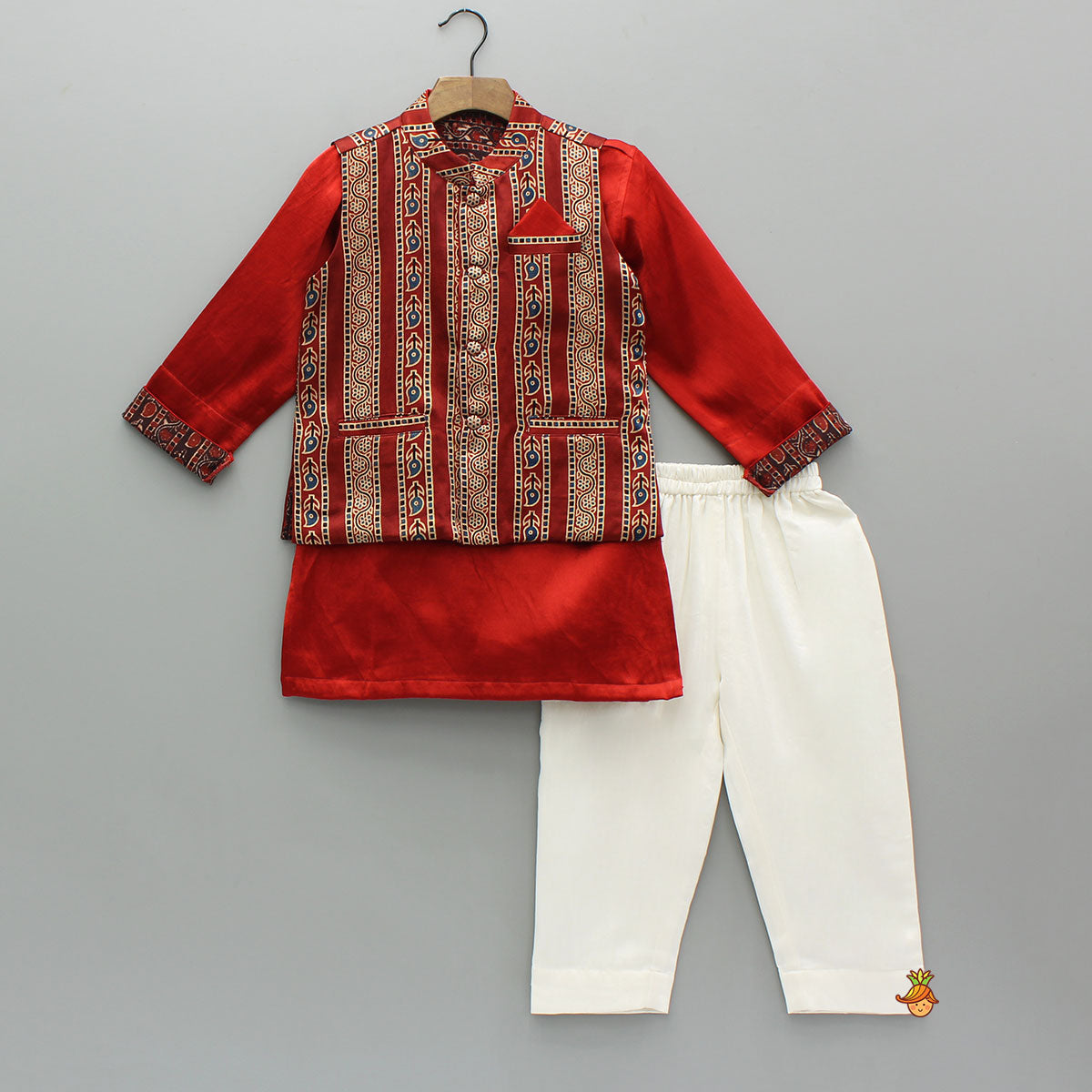 Pre Order: Red Kurta With Printed Jacket And Off White Pyjama