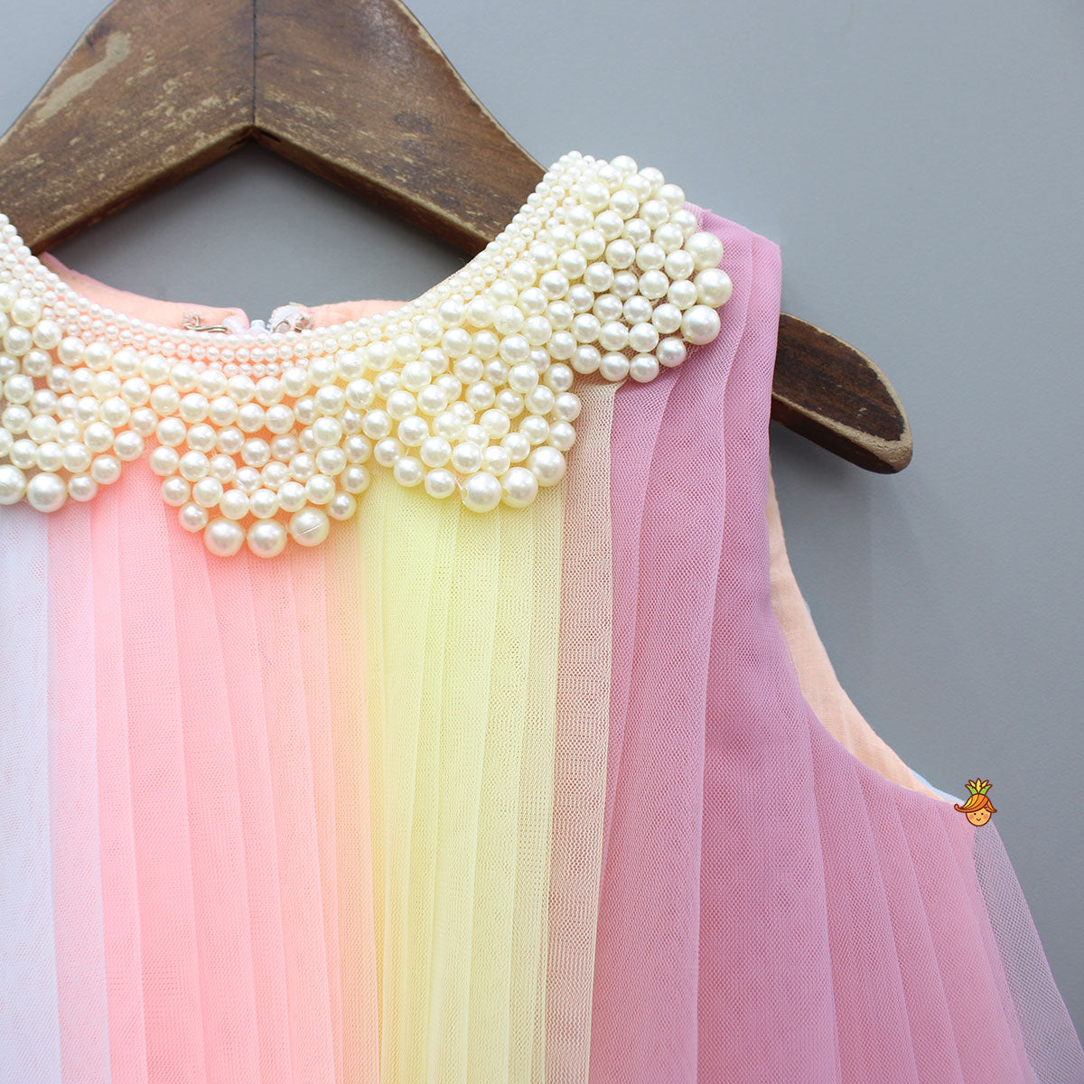 Pre Order: Cute Multicolour Pleated Embellished Net Dress