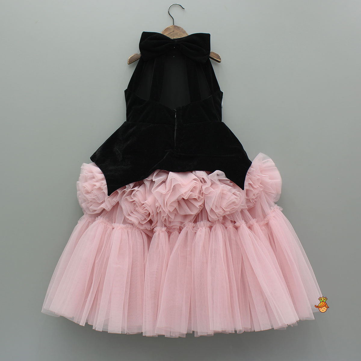 Elegant Black Velvet And Pink Net Gown With Hand Gloves