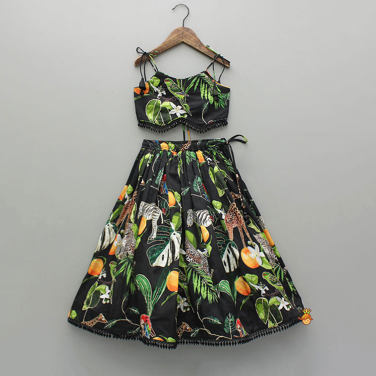 Pre Order: Black Tropical Print Strappy Top With Lehenga