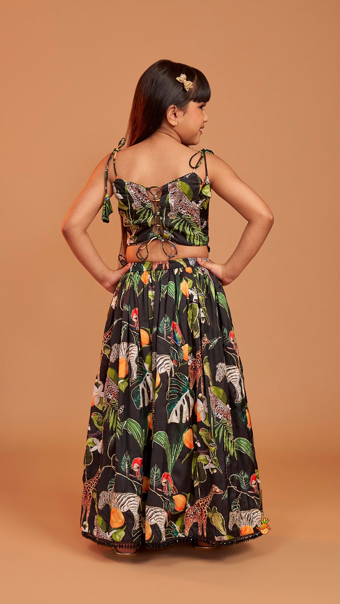 Pre Order: Black Tropical Print Strappy Top With Lehenga