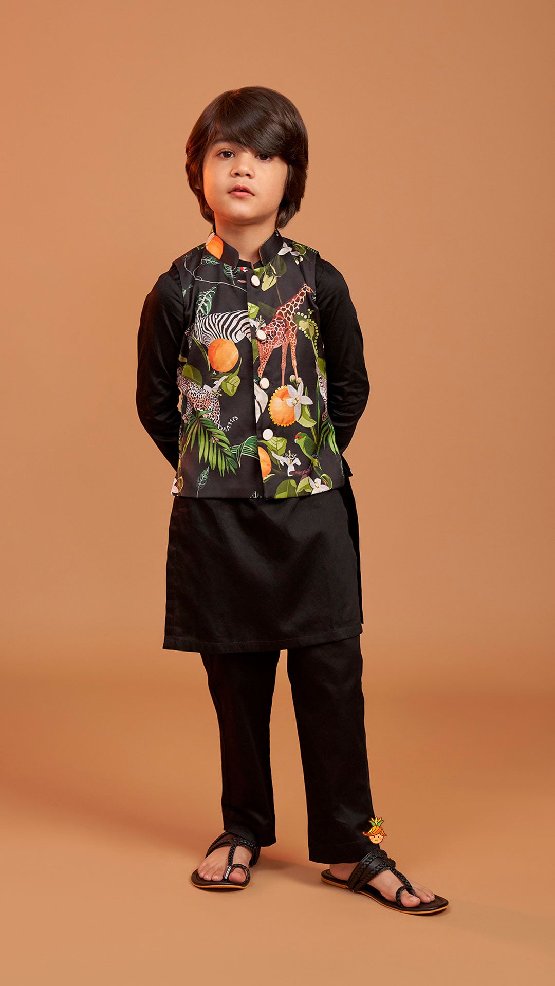 Pre Order: Black Kurta With Safari Printed Jacket And Pyjama