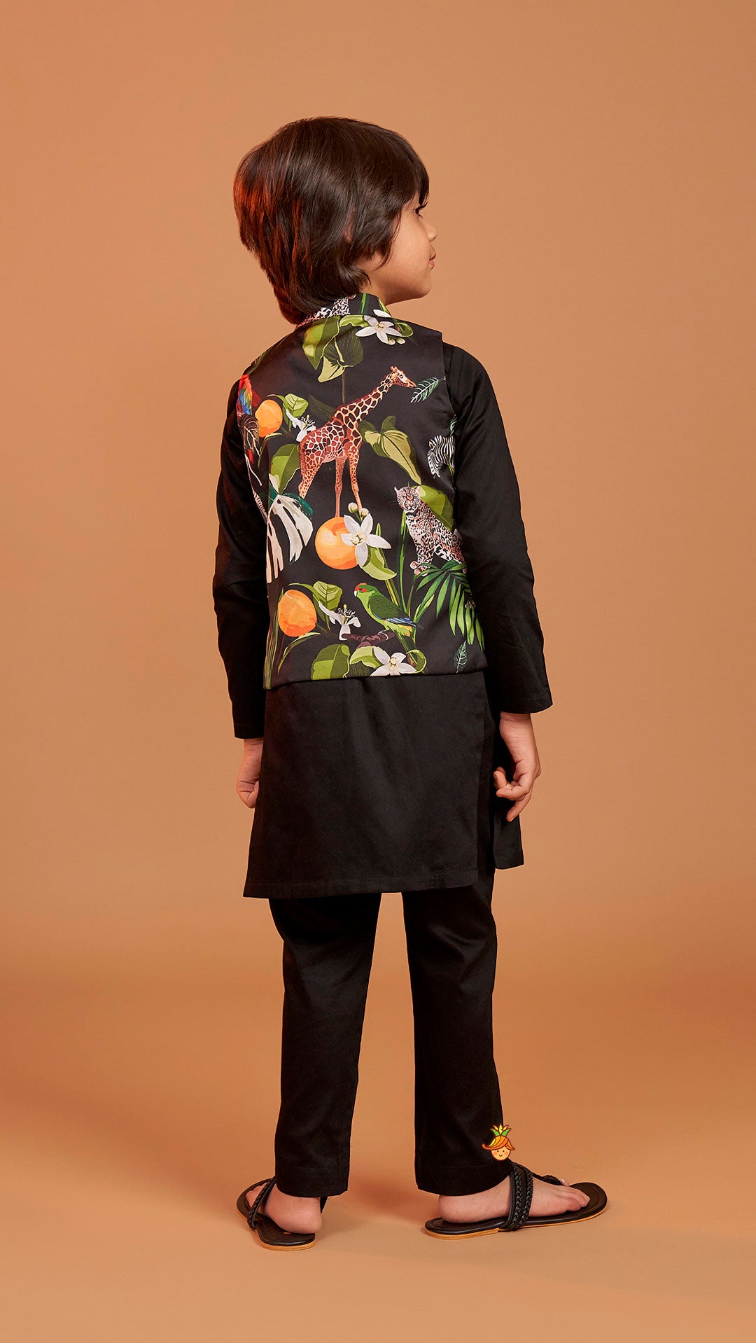 Pre Order: Black Kurta With Safari Printed Jacket And Pyjama