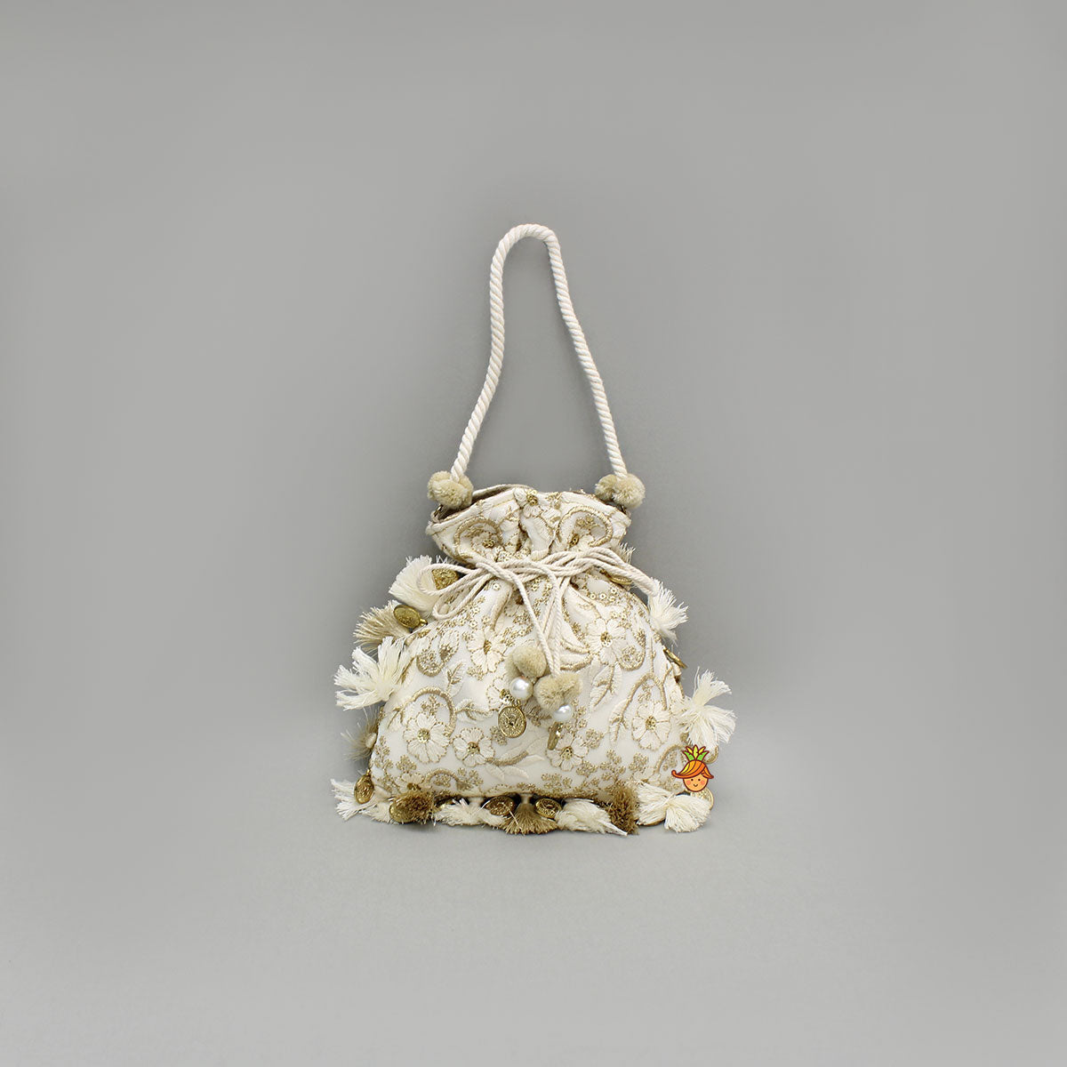 Zari And Thread Embroidered Off White Potli Bag