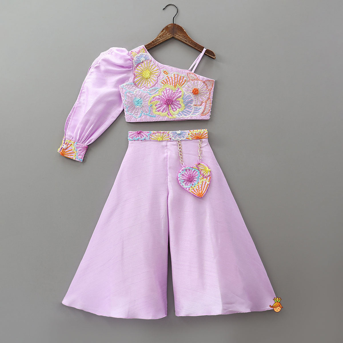 Pre Order: Lilac One Shoulder Floral Embroidered Top With Palazzo And Attached Heart Shaped Pouch