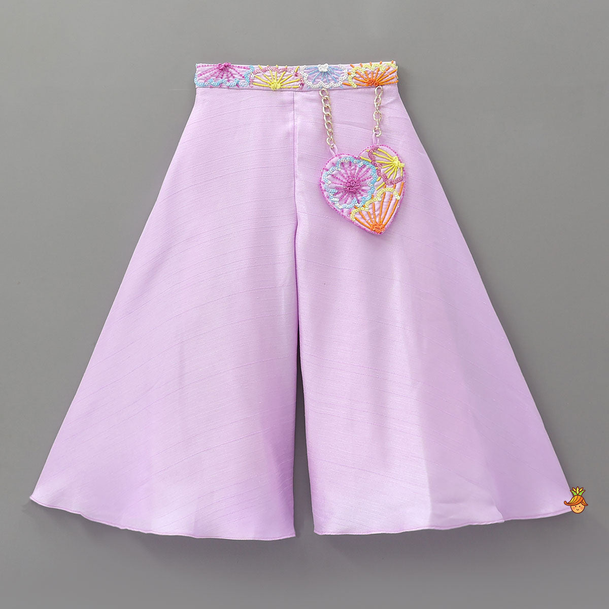 Pre Order: Lilac One Shoulder Floral Embroidered Top With Palazzo And Attached Heart Shaped Pouch