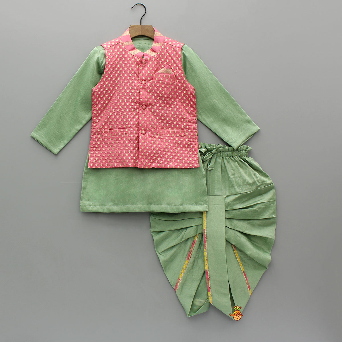 Green Kurta With Prink Brocade Jacket And Dhoti
