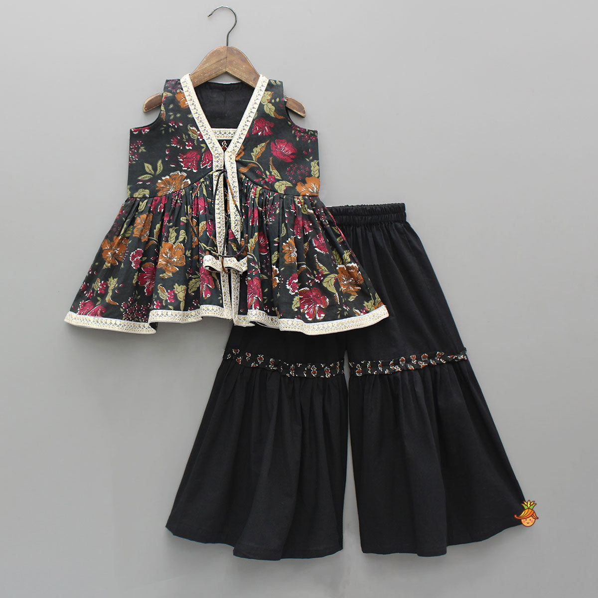Pre Order: Strappy Printed Top With Sleeveless Peplum Kurti And Sharara