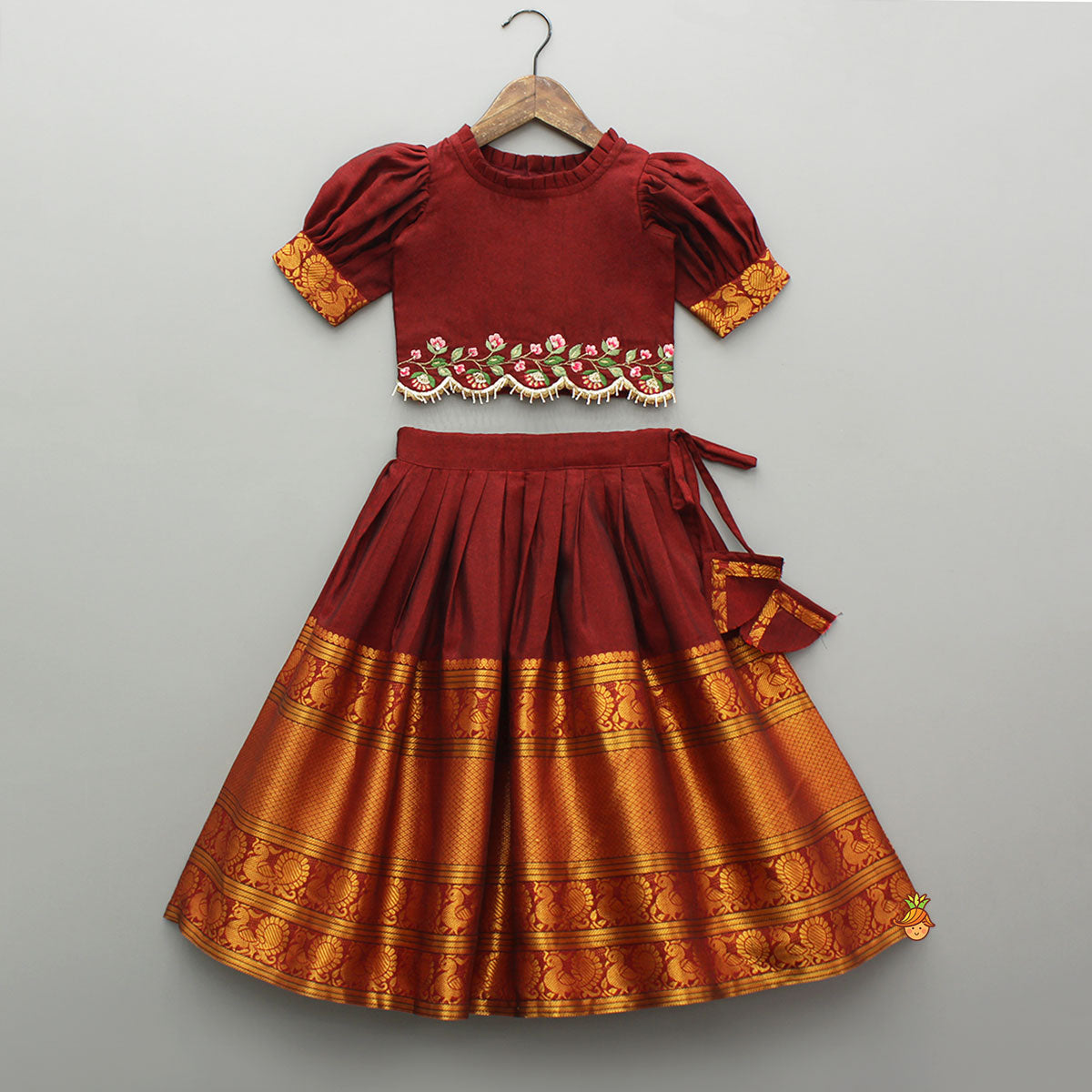 Pre Order: Maroon Floral-Embroidered Top And Pleated Lehenga
