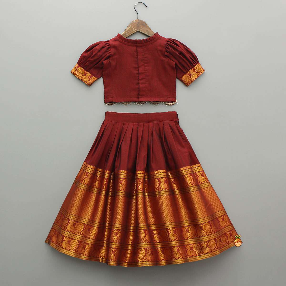 Pre Order: Maroon Floral-Embroidered Top And Pleated Lehenga