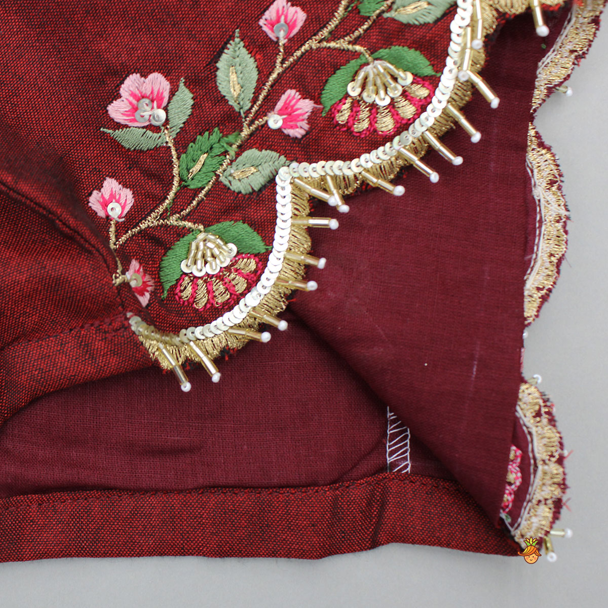 Pre Order: Maroon Floral-Embroidered Top And Pleated Lehenga