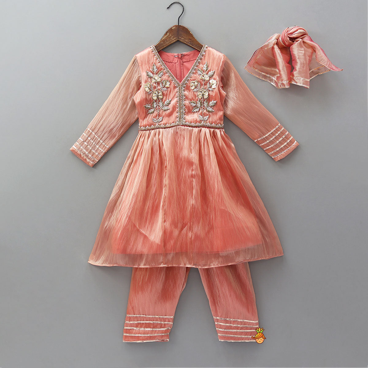 Pre Order: Peach Shimmery Embroidered Kurti With Pant And Dupatta