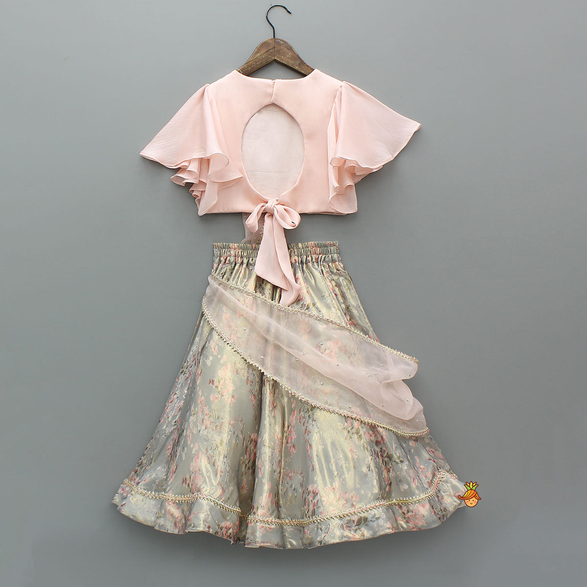 Pre Order: Peach Ruffle Sleeves Top With Shimmery Floral Lehenga And Attached Dupatta