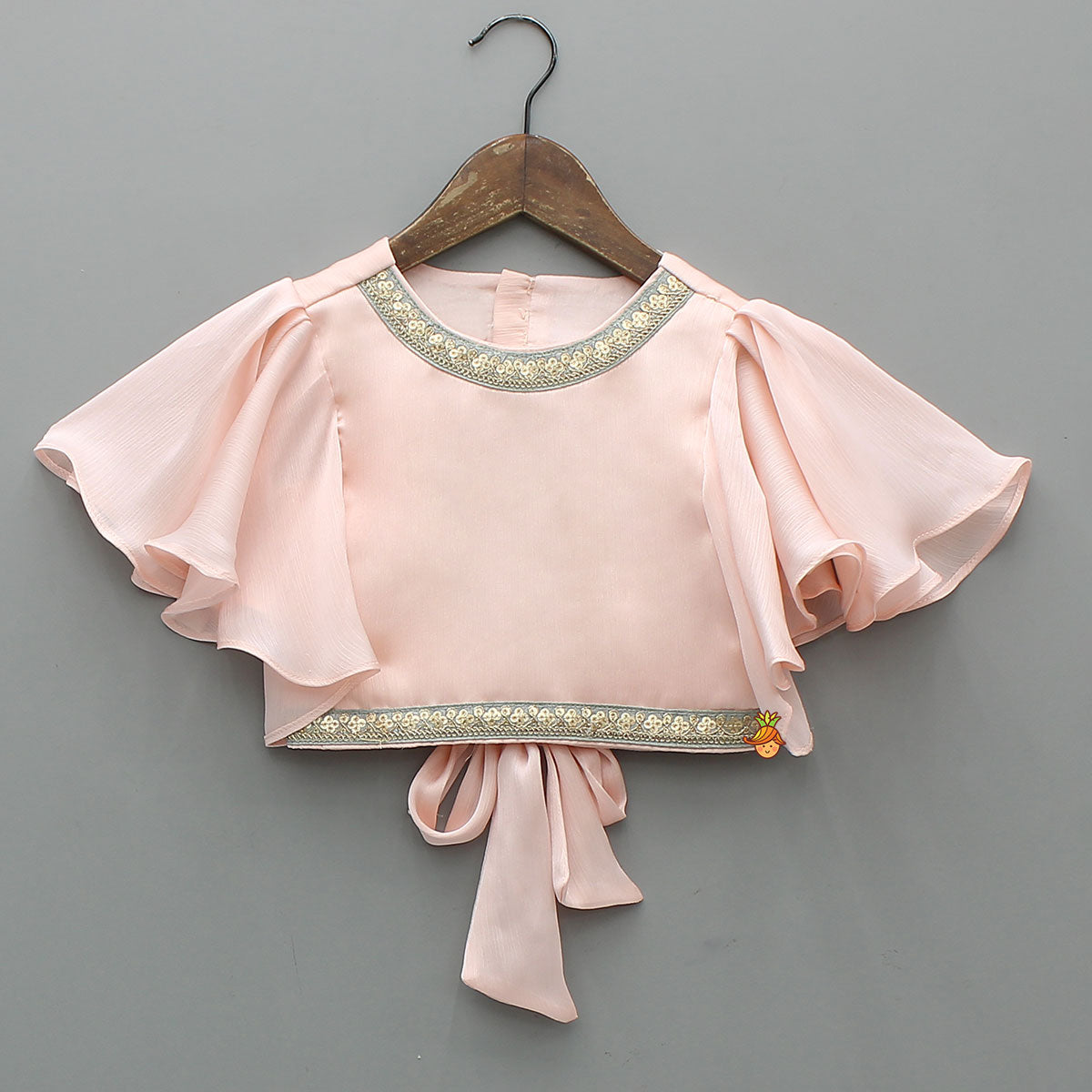 Pre Order: Peach Ruffle Sleeves Top With Shimmery Floral Lehenga And Attached Dupatta