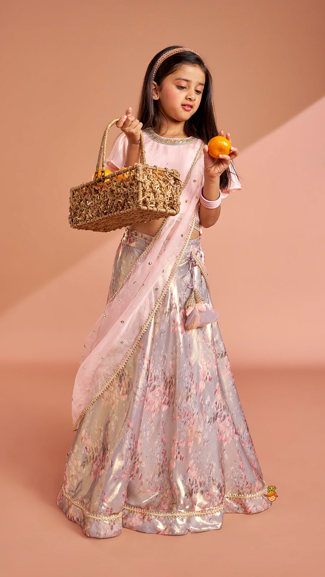 Pre Order: Peach Ruffle Sleeves Top With Shimmery Floral Lehenga And Attached Dupatta