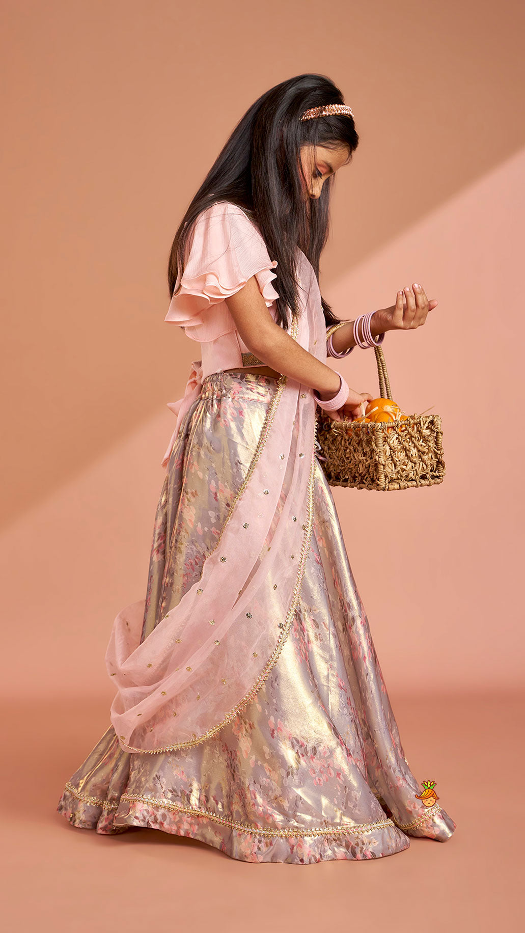 Pre Order: Peach Ruffle Sleeves Top With Shimmery Floral Lehenga And Attached Dupatta