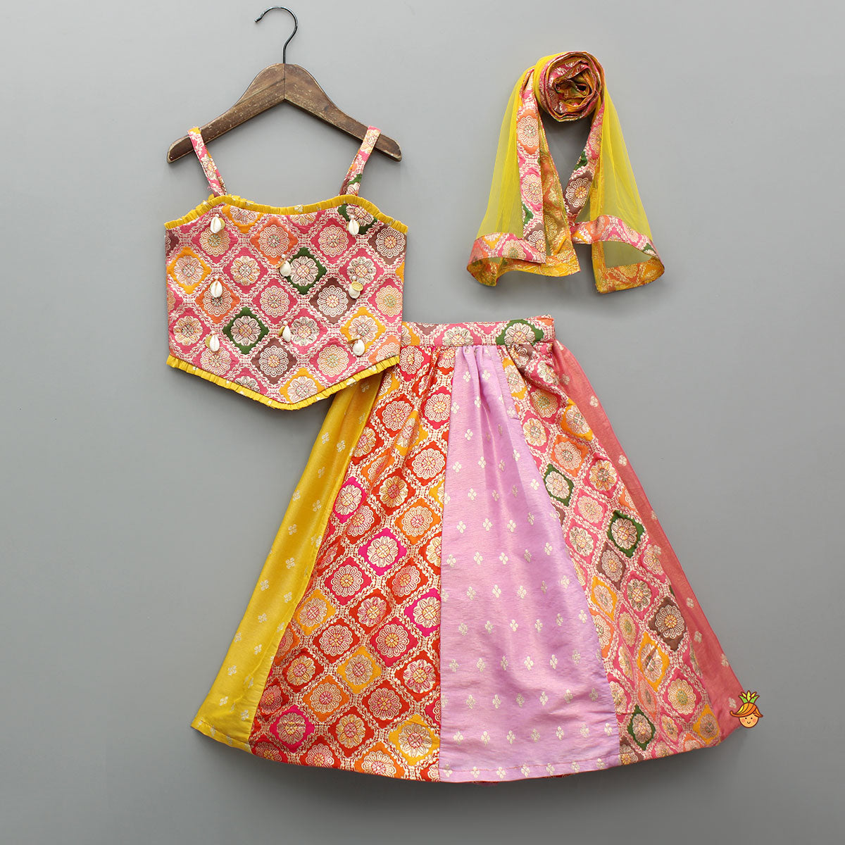 Pre Order: Multicolour Strappy Brocade Top With Panelled Lehenga And Dupatta