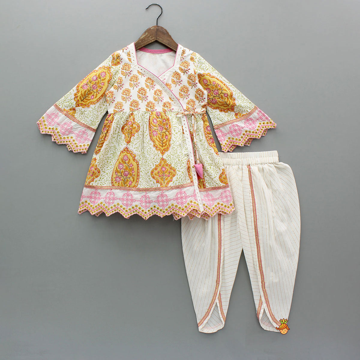 Pre Order: Angarkha Style Floral Printed Cotton Kurti With Dhoti