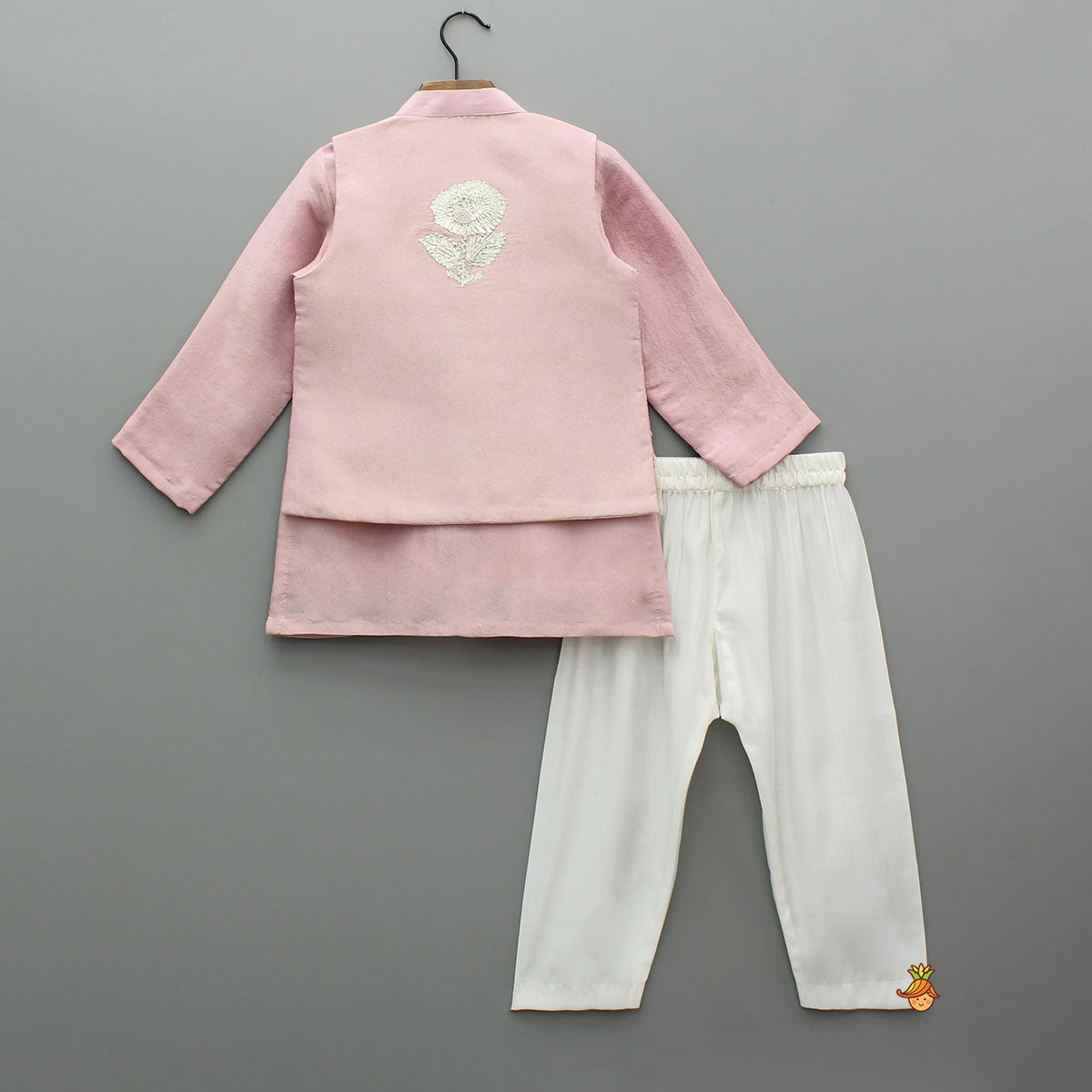 Pre Order: Shimmery Pink Kurta With Shimmery Front Open Hand Embroidered Jacket And Pyjama