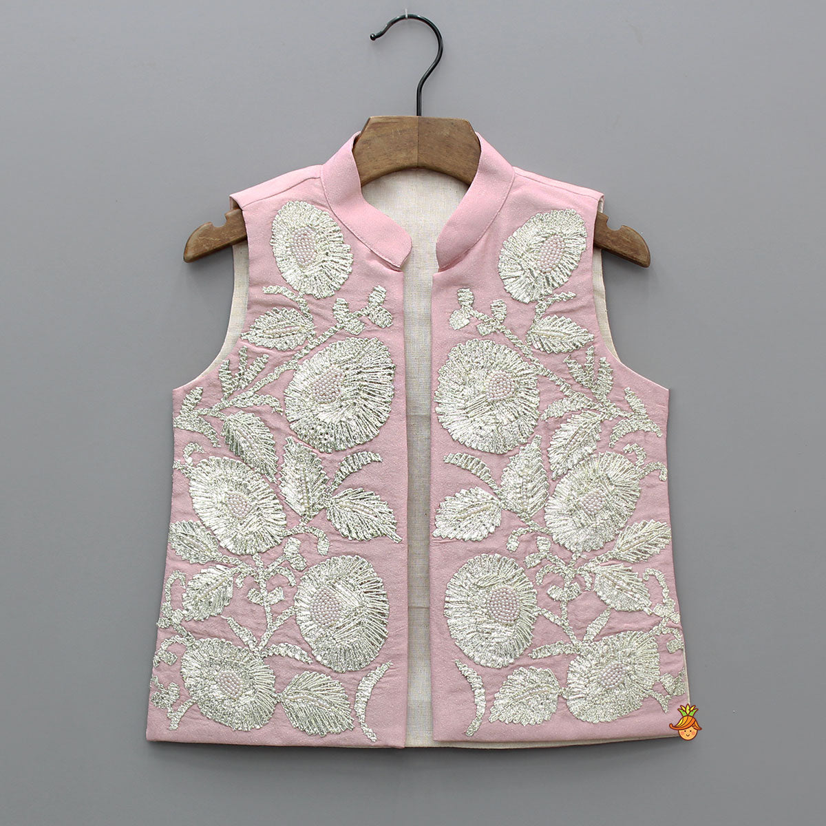 Pre Order: Shimmery Pink Kurta With Shimmery Front Open Hand Embroidered Jacket And Pyjama