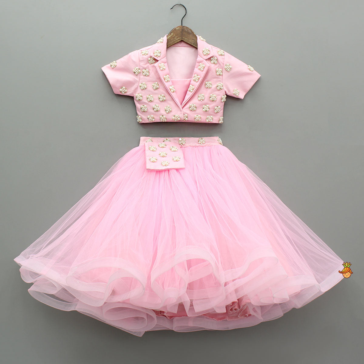 Pre Order: Stylish Pink Crop Blazer Style Top With Flared Lehenga