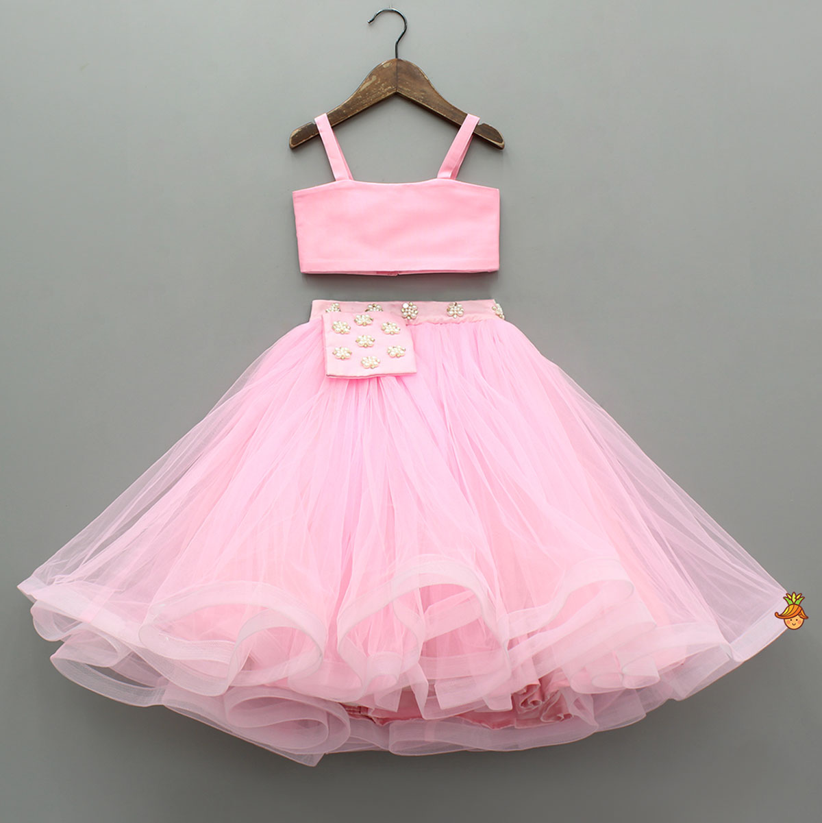 Pre Order: Stylish Pink Crop Blazer Style Top With Flared Lehenga