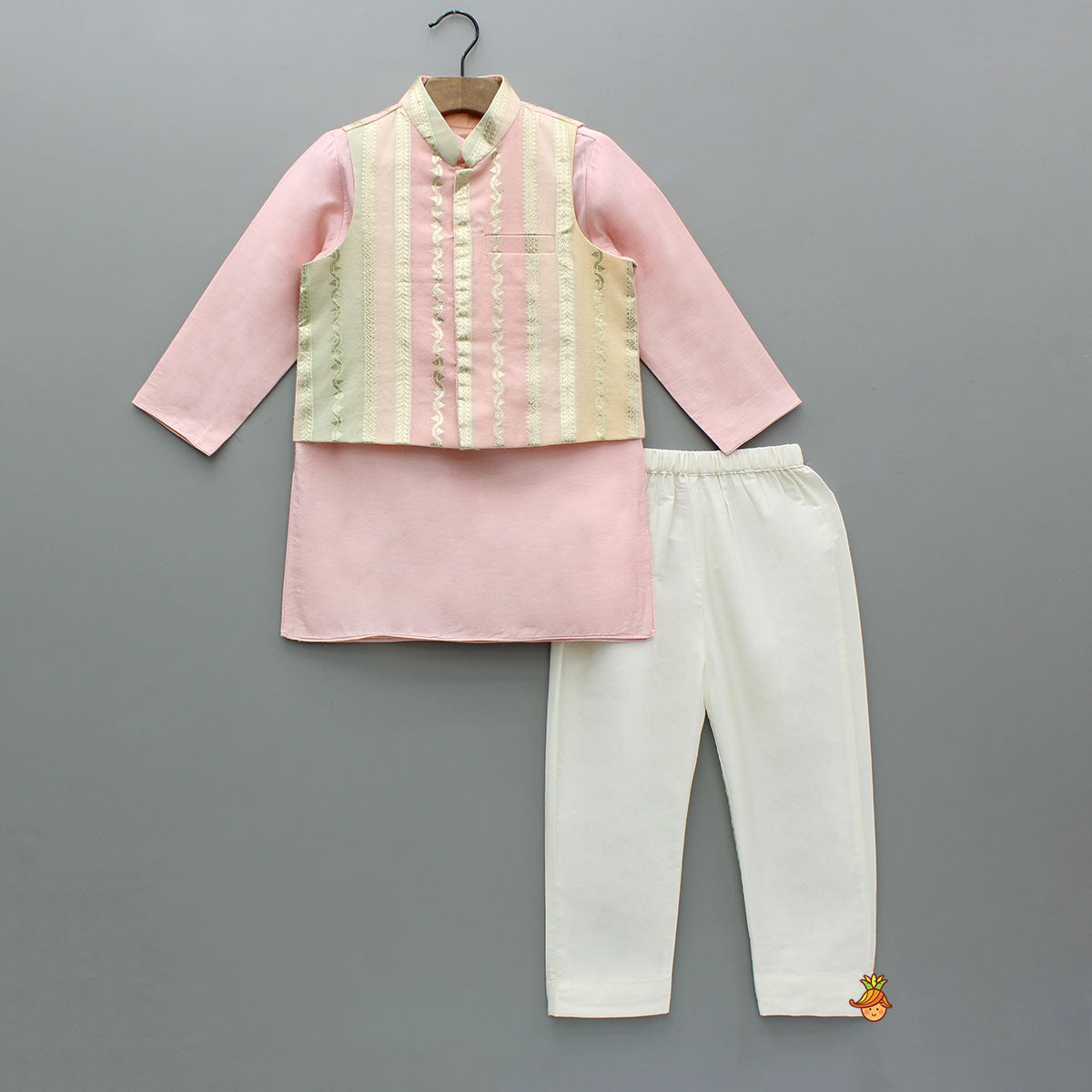 Pre Order: Pink Kurta With Zari Detailed Multi Tone Jacket And Pyjama