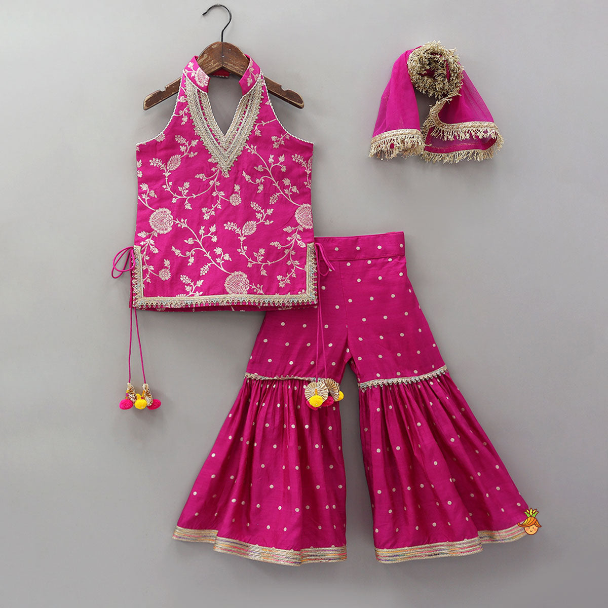 Pre Order: Gorgeous Pink Halter Neck Embroidered Kurti With Sharara And Dupatta