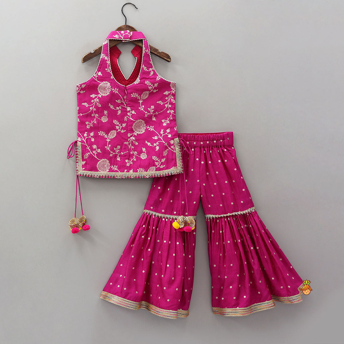Pre Order: Gorgeous Pink Halter Neck Embroidered Kurti With Sharara And Dupatta
