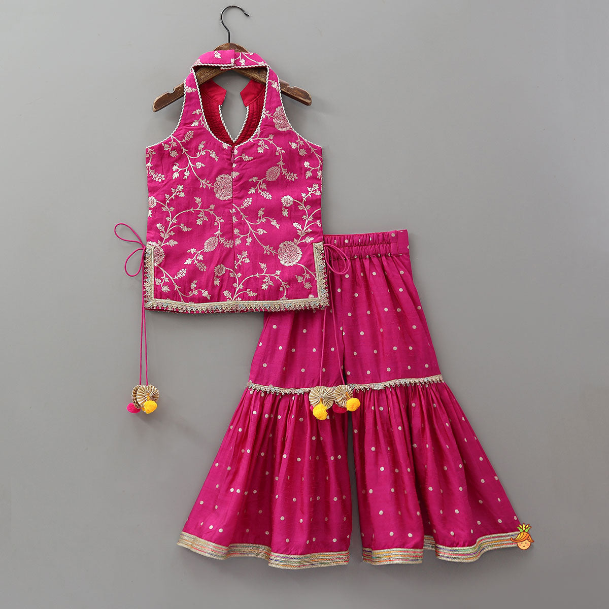 Pre Order: Gorgeous Pink Halter Neck Embroidered Kurti With Sharara And Dupatta