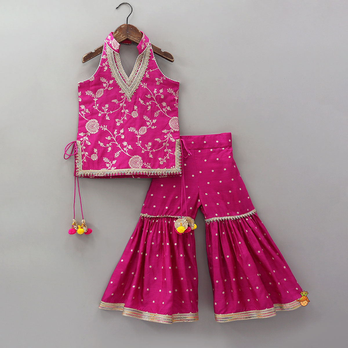 Pre Order: Gorgeous Pink Halter Neck Embroidered Kurti With Sharara And Dupatta