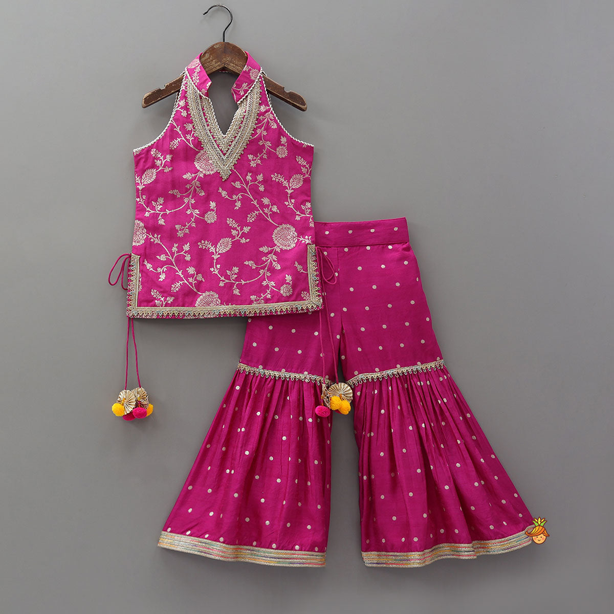 Pre Order: Gorgeous Pink Halter Neck Embroidered Kurti With Sharara And Dupatta