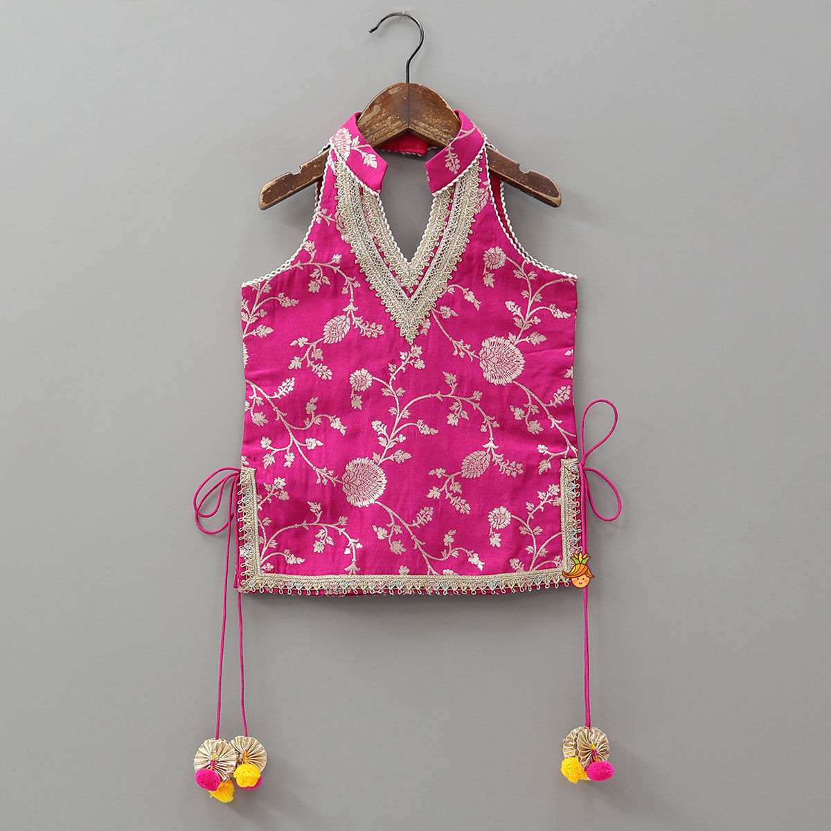 Pre Order: Gorgeous Pink Halter Neck Embroidered Kurti With Sharara And Dupatta