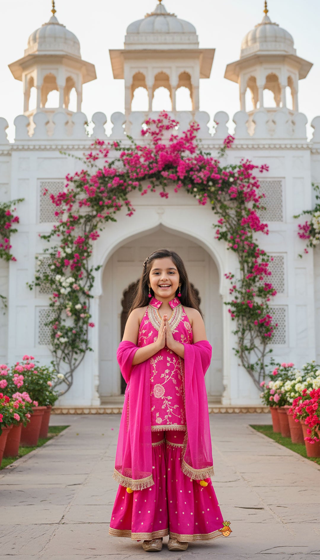 Pre Order: Gorgeous Pink Halter Neck Embroidered Kurti With Sharara And Dupatta