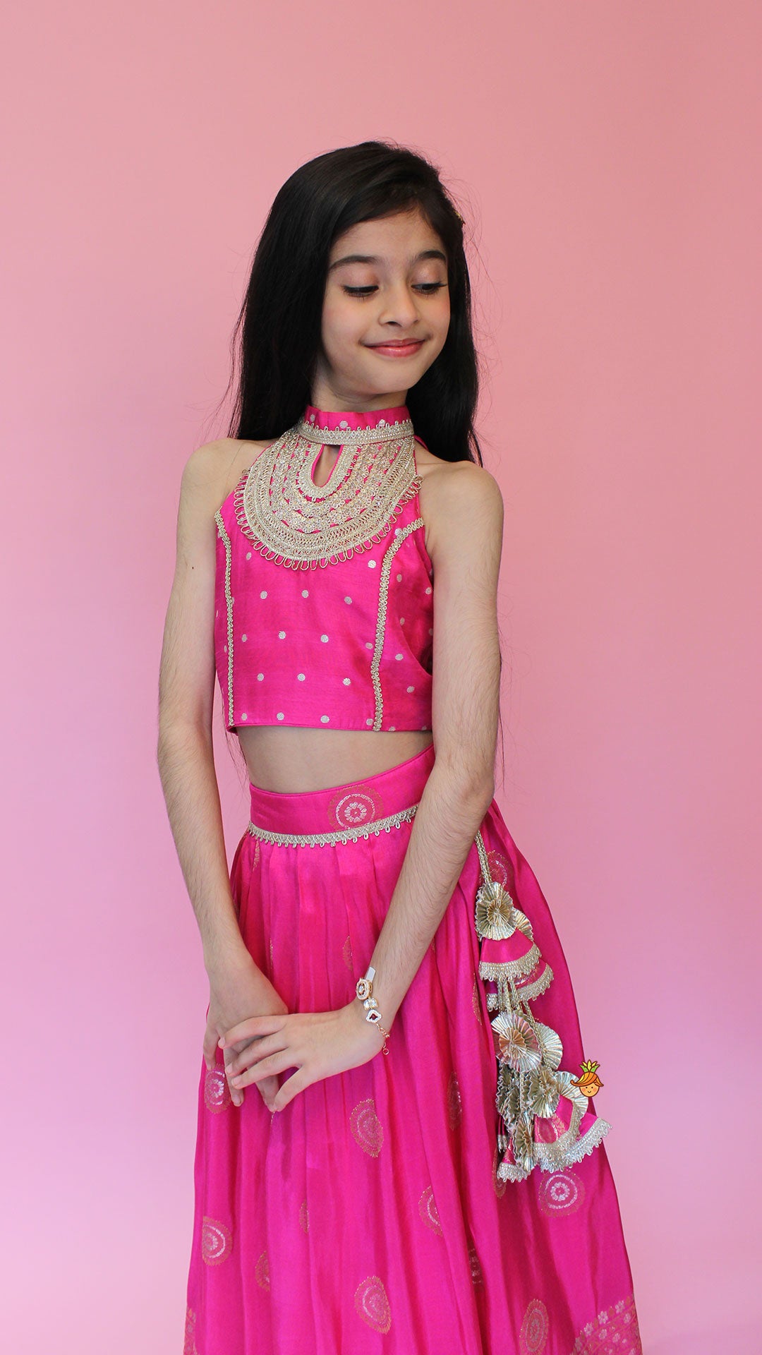 Pre Order: Beautiful Pink Embroidered Halter Neck Top With Lehenga And Dupatta With Potli Bag