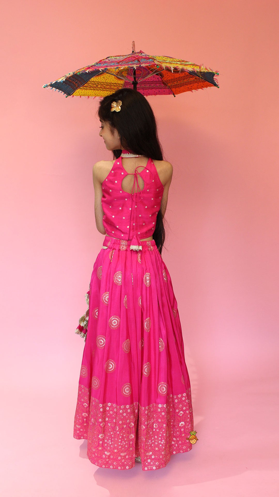 Pre Order: Beautiful Pink Embroidered Halter Neck Top With Lehenga And Dupatta With Potli Bag