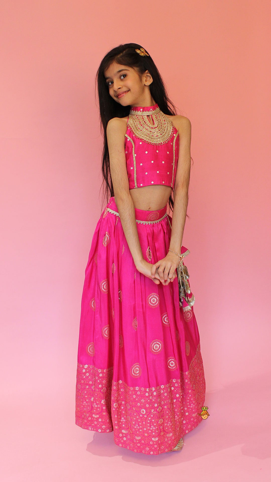 Pre Order: Beautiful Pink Embroidered Halter Neck Top With Lehenga And Dupatta With Potli Bag
